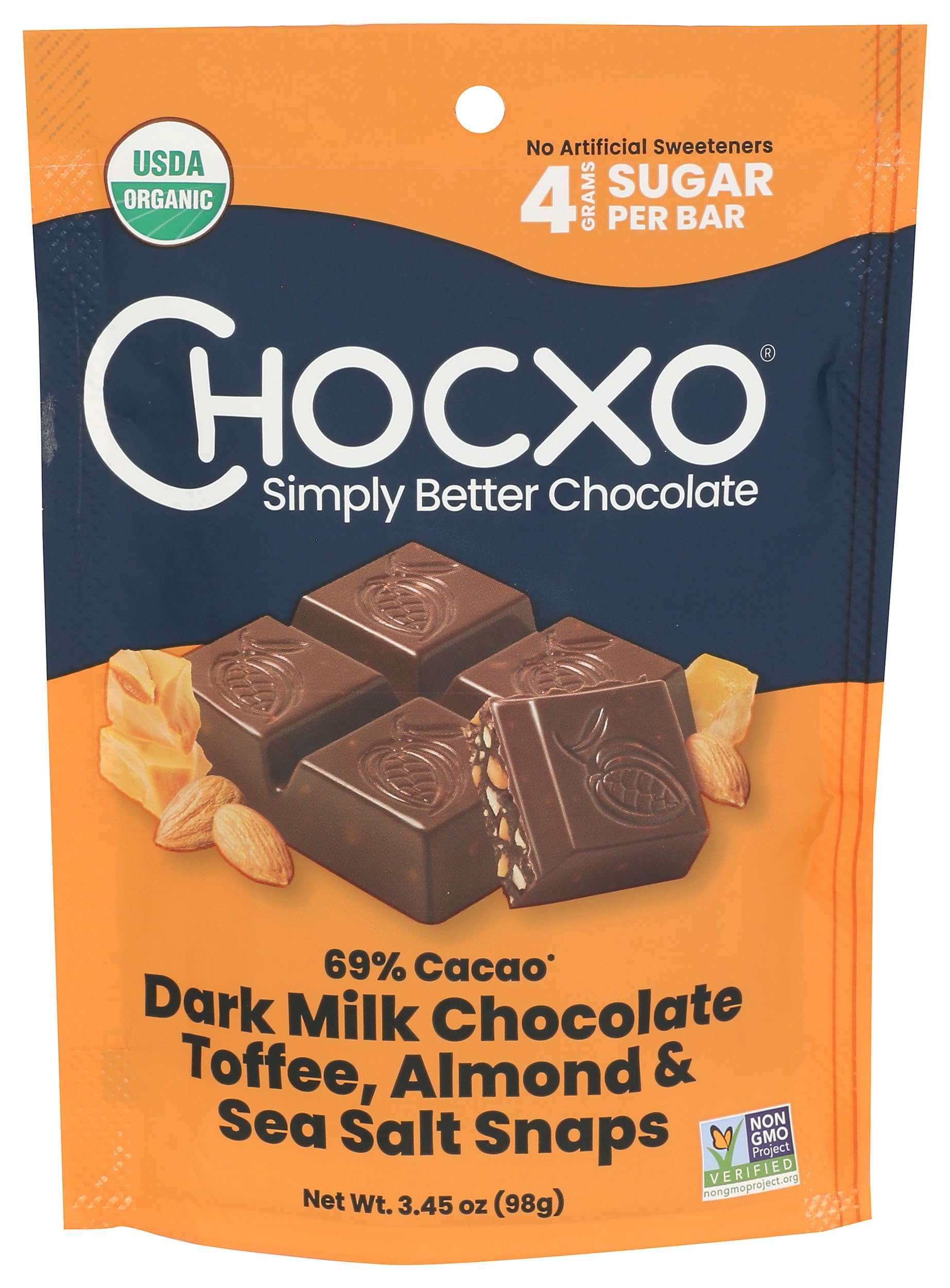 Product image of ChocXO Organic Toffee Almond 69% Dark Milk Chocolate Snaps 3.45 oz 3.45 oz